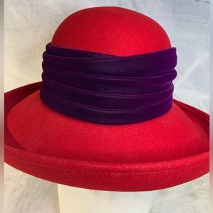 Scala handmade hat in vibrant red with purple pleated velvet band wide brim